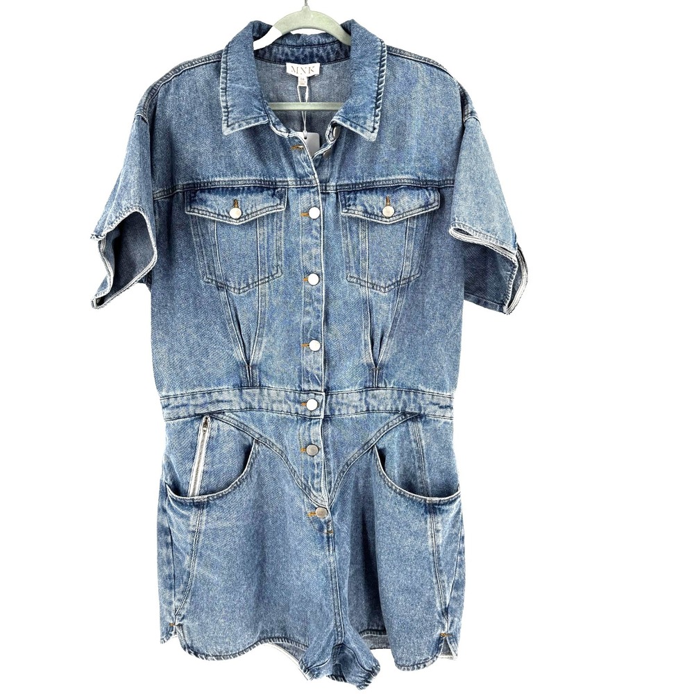 MNK Denim Short Sleeves Romper‎ Women's 16 Medium Wash Button Front Western NEW
